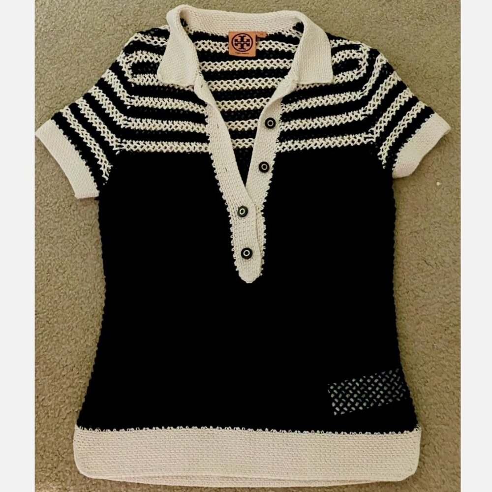 Tory Burch Mesh Short Sleeve Sweater Navy Cream Medium